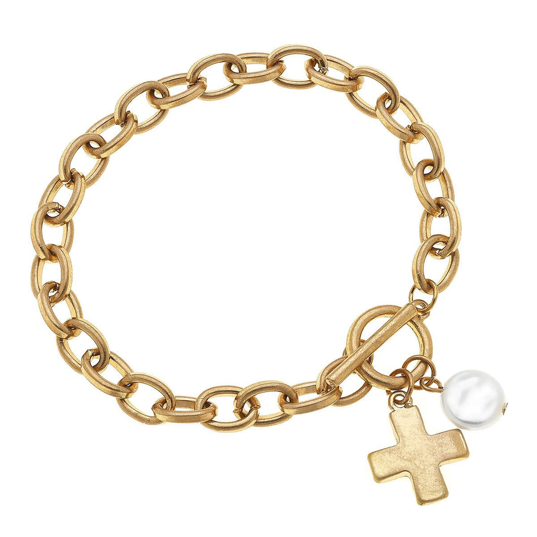 Claudia Cross T-Bar Charm Bracelet in Worn Gold